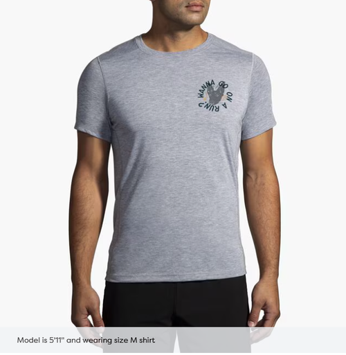 Brooks Distance Short Sleeve 3.0 men's heather ash gray running shirt with dog graphic