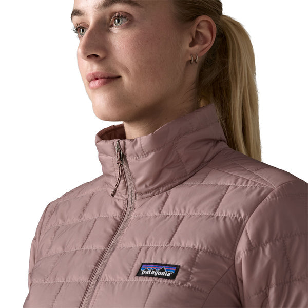 Close-up of Patagonia Nano Puff Jacket collar and logo patch in Stingray Mauve