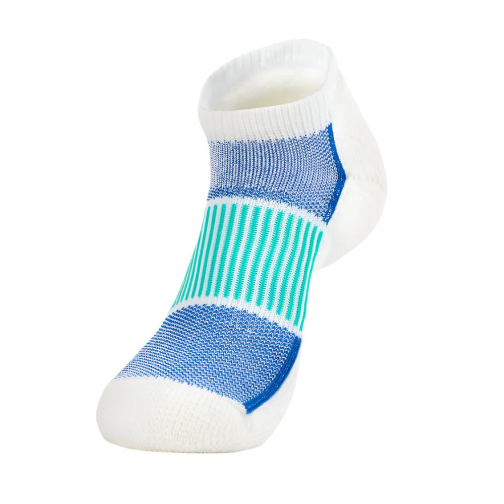 Thorlos men's white low cut ankle sock with blue and teal stripe pattern
