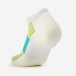 Thorlos women's white ankle running sock with teal and yellow-green accent panels