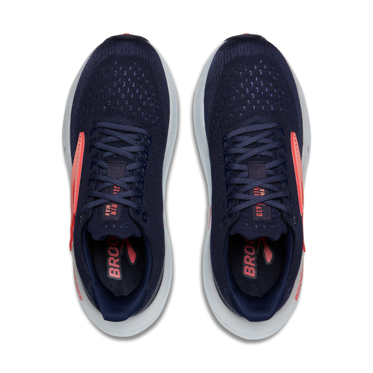 Brooks Glycerin Max women's running shoes in navy with coral accents, top view