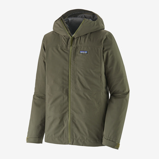 Patagonia men's Boulder Fork rain jacket in olive green with hood