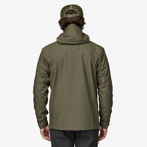 Back view of man wearing Patagonia Boulder Fork Rain Jacket in Basin Green