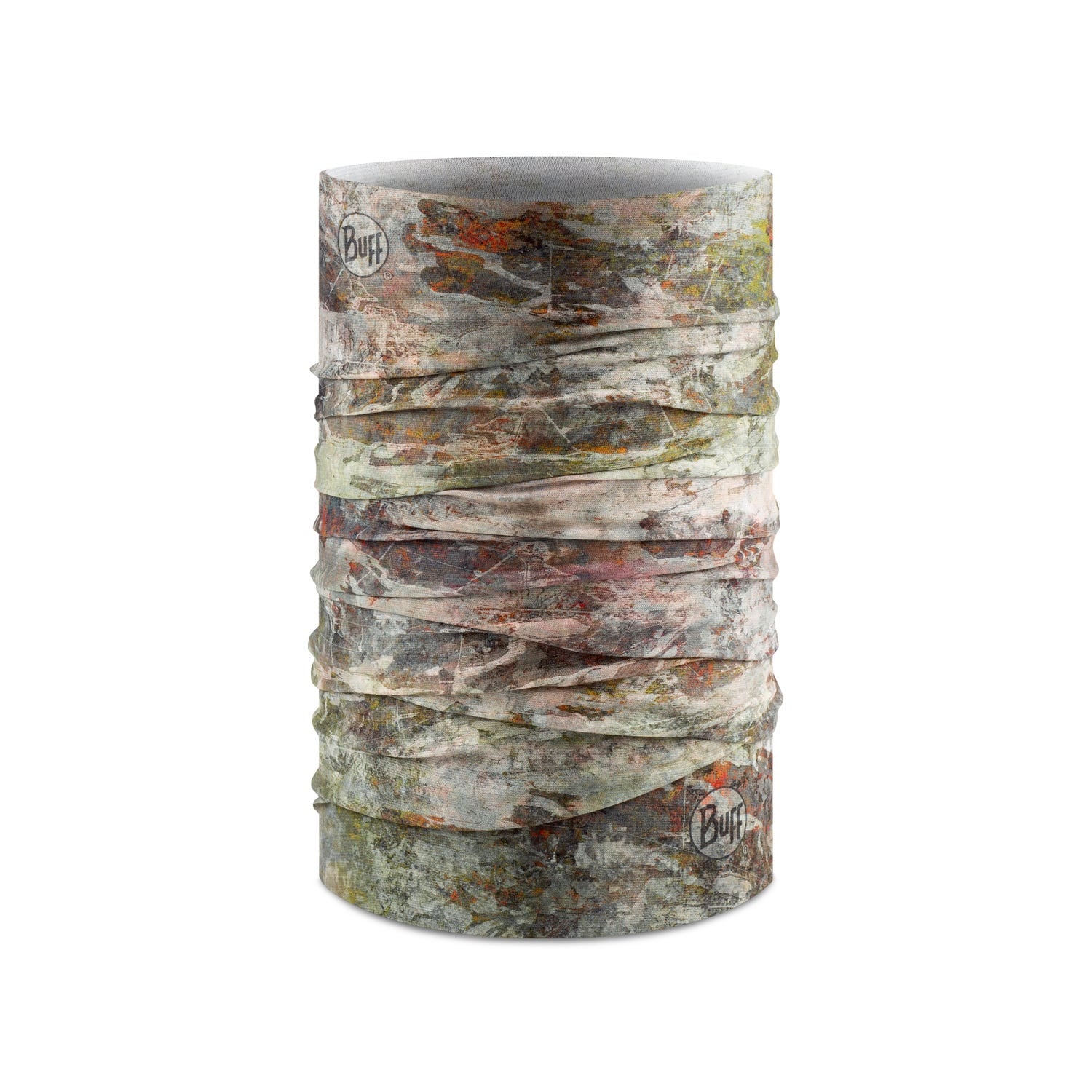 Buff Cool Net UV+ neck gaiter in Kam Moss camouflage pattern with earth tones