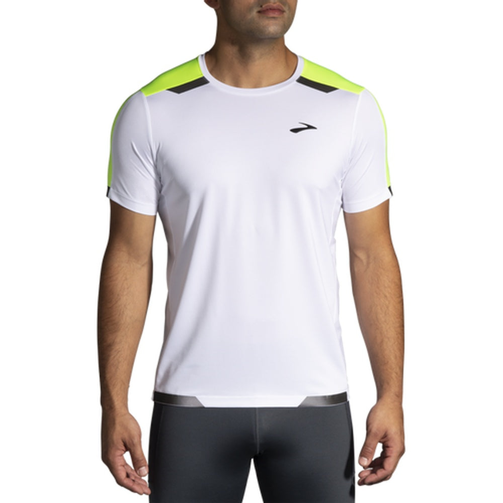 Brooks Run Visible men's short sleeve running shirt in white with neon yellow and black accents