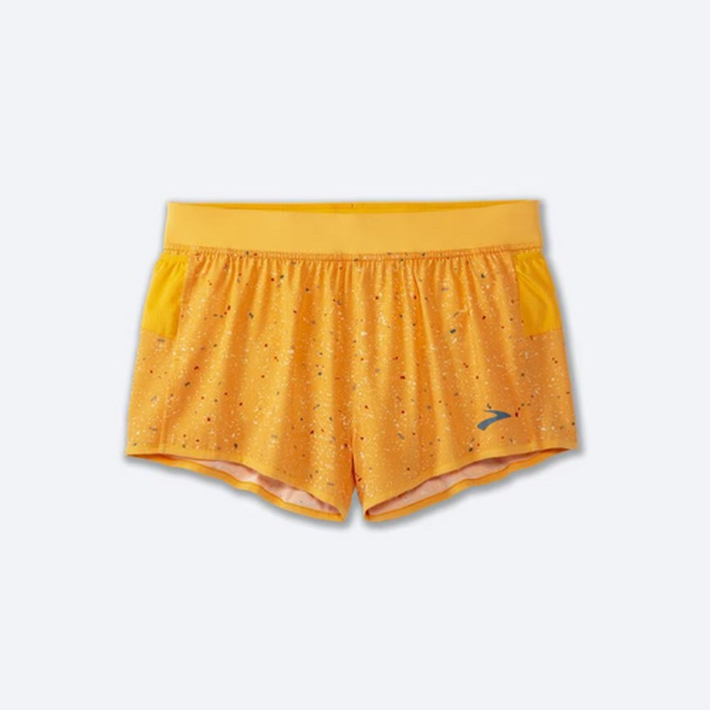 Brooks Sherpa 3-inch Split Running Shorts in Sun Glow Speckle Print yellow