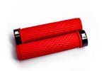 Red textured bicycle grips with black locking collars on white background