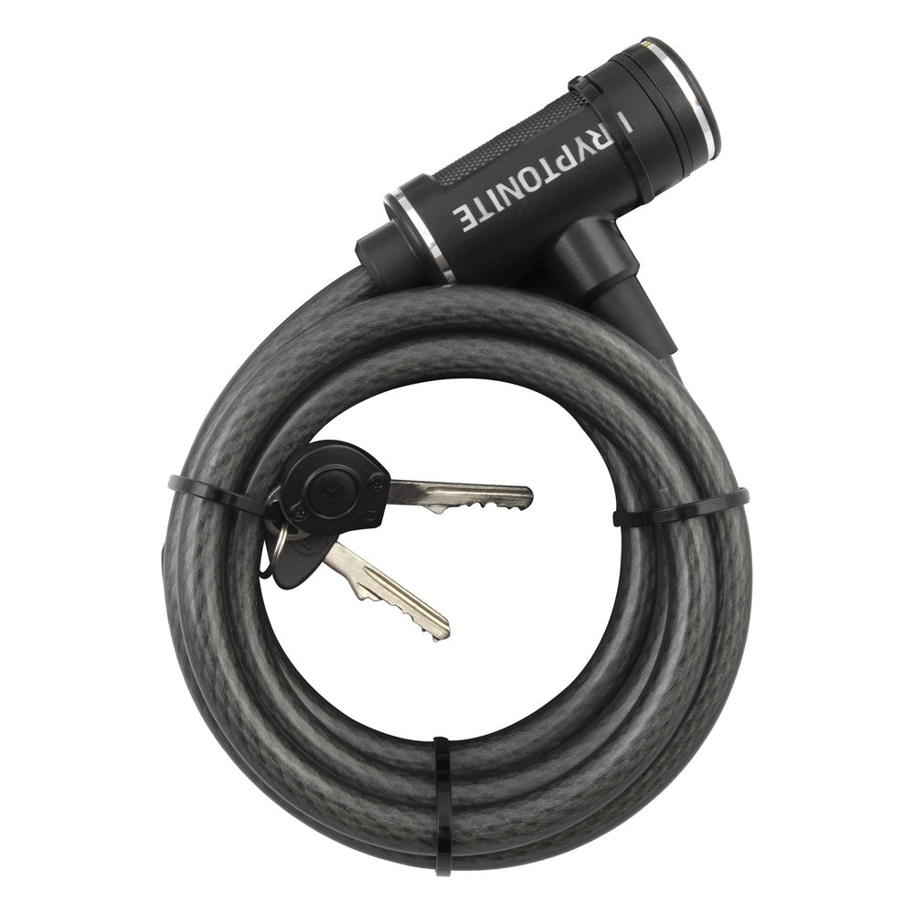 Kryptonite cable bike lock with coiled gray cable and black cylindrical locking mechanism