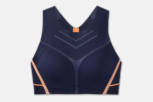 Brooks Dare Strappy Bra in navy blue with orange nectar accent trim