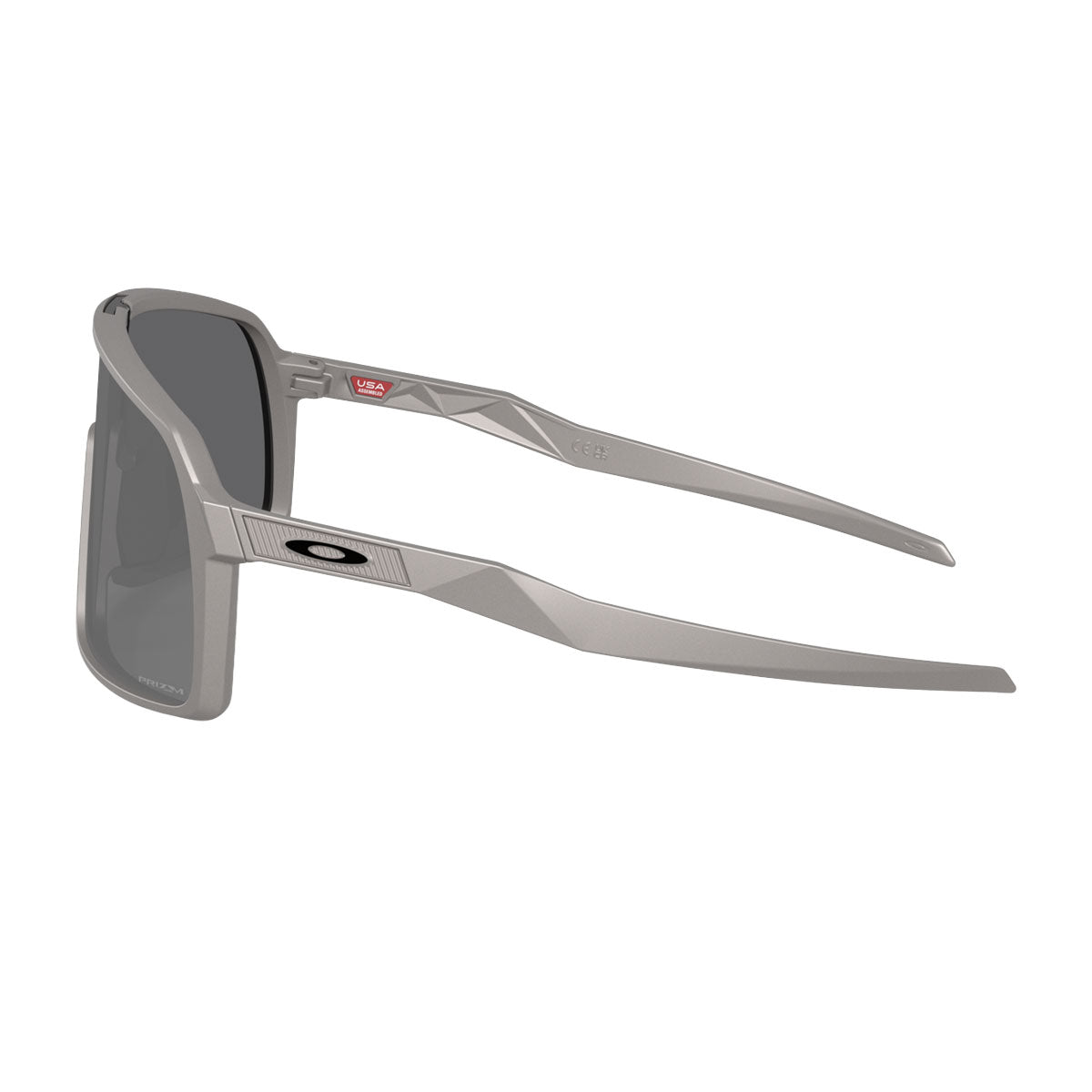 Oakley Sutro sunglasses with grey silver frame and dark lenses side view