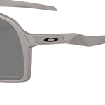 Close-up of Oakley Sutro sunglasses showing grey frame temple and lens details