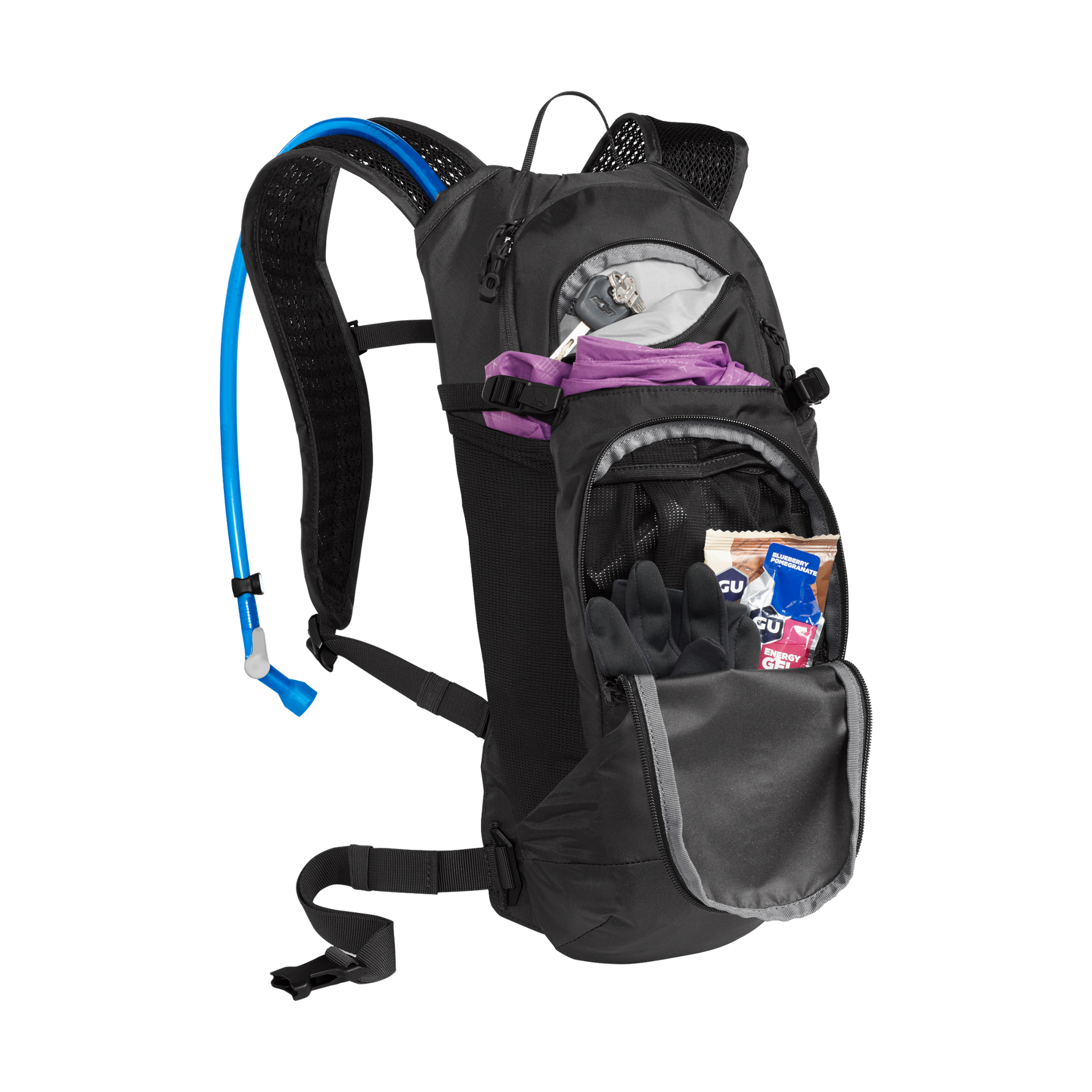 CamelBak Lobo 9 black hydration backpack with multiple compartments open showing contents