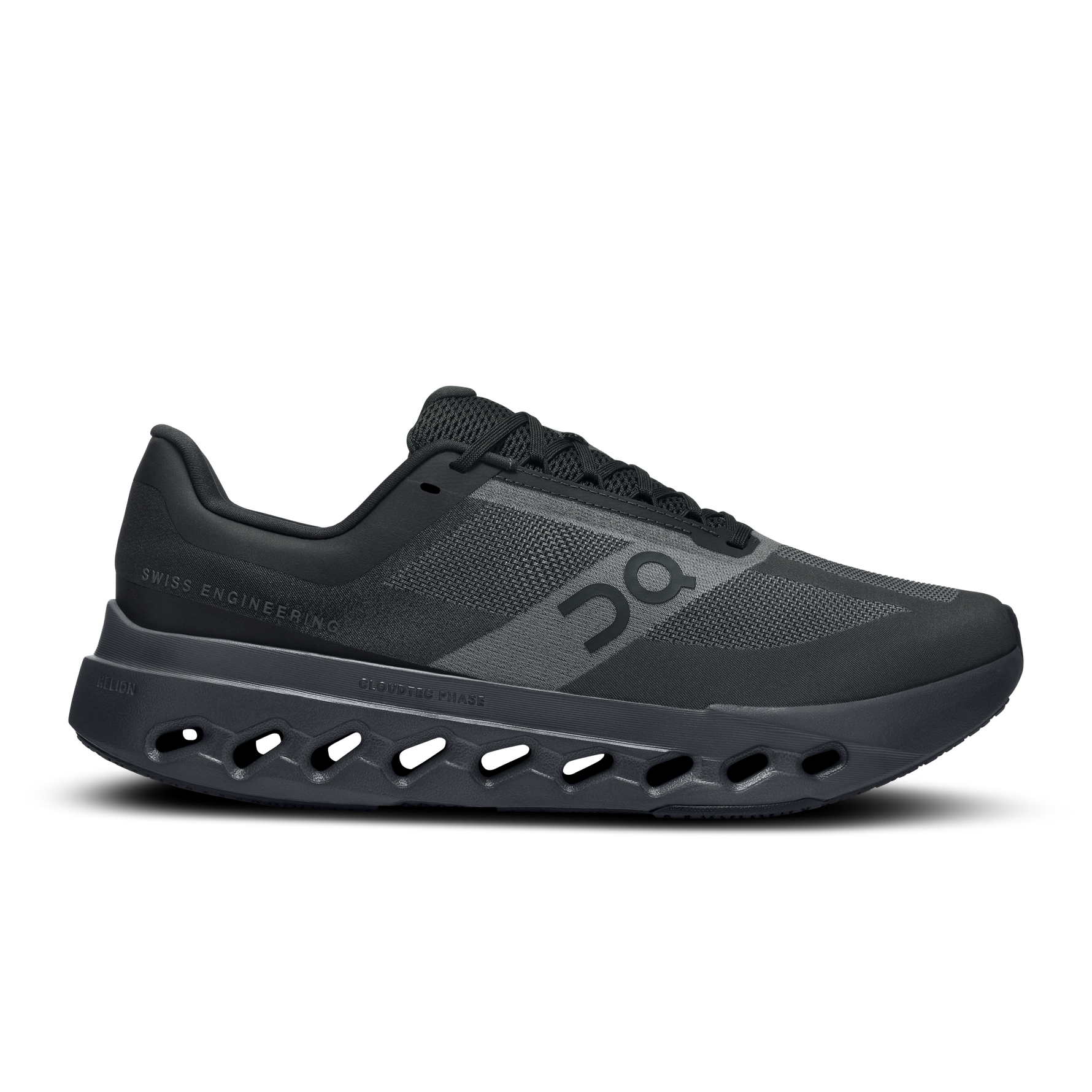 On Cloudsurfer Next men's running shoe in all-black colorway, lateral side view