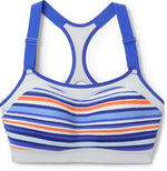 Brooks Dare racerback sports bra in multi-stripe pattern with blue and orange stripes