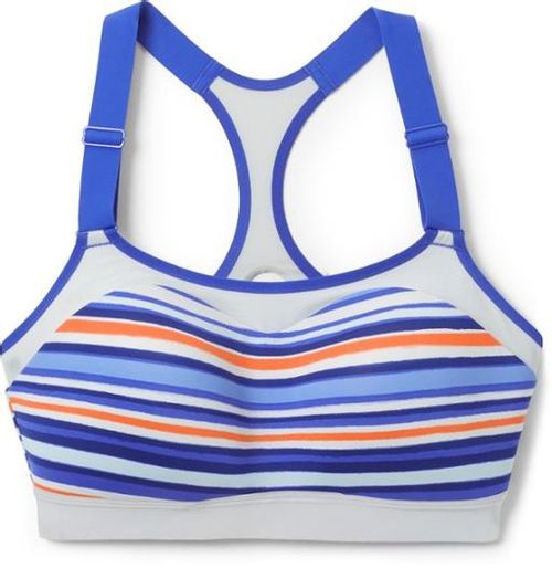 Brooks Dare racerback sports bra in multi-stripe pattern with blue and orange stripes