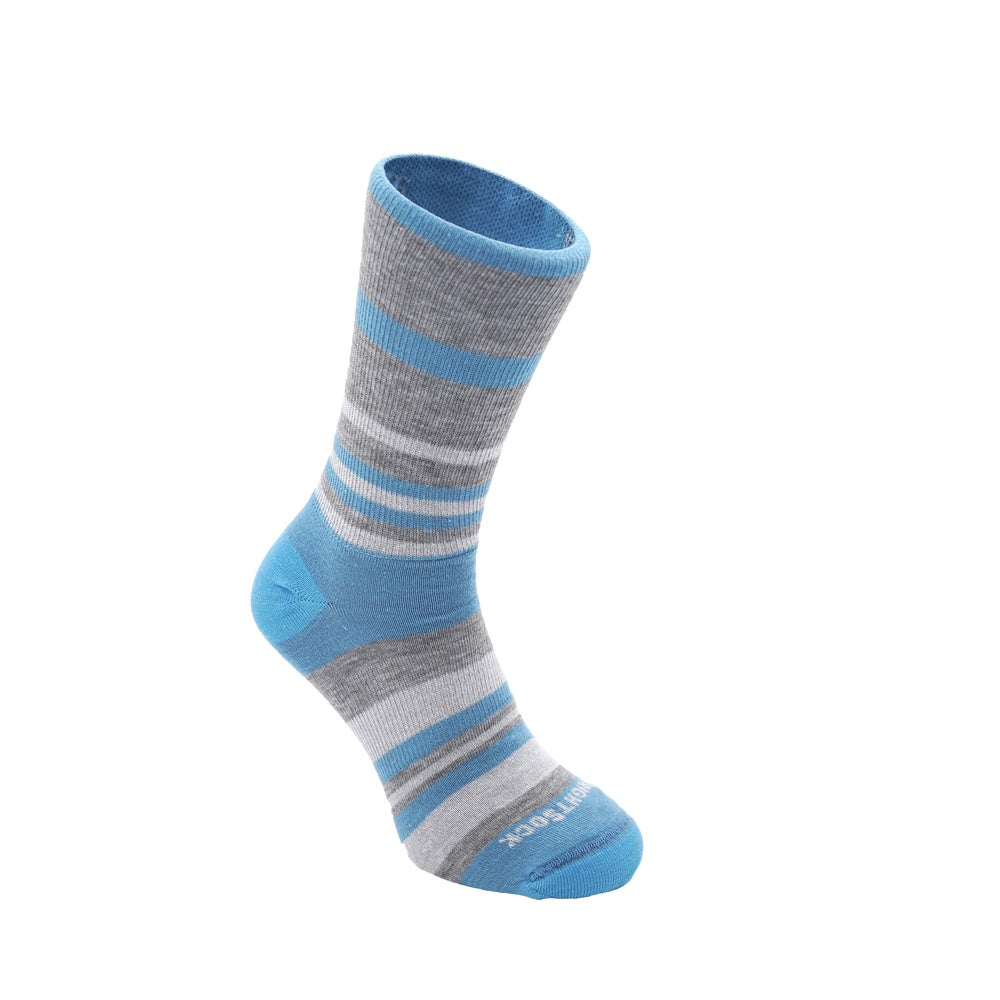 Wrightsock quarter length sock with blue and grey horizontal stripes