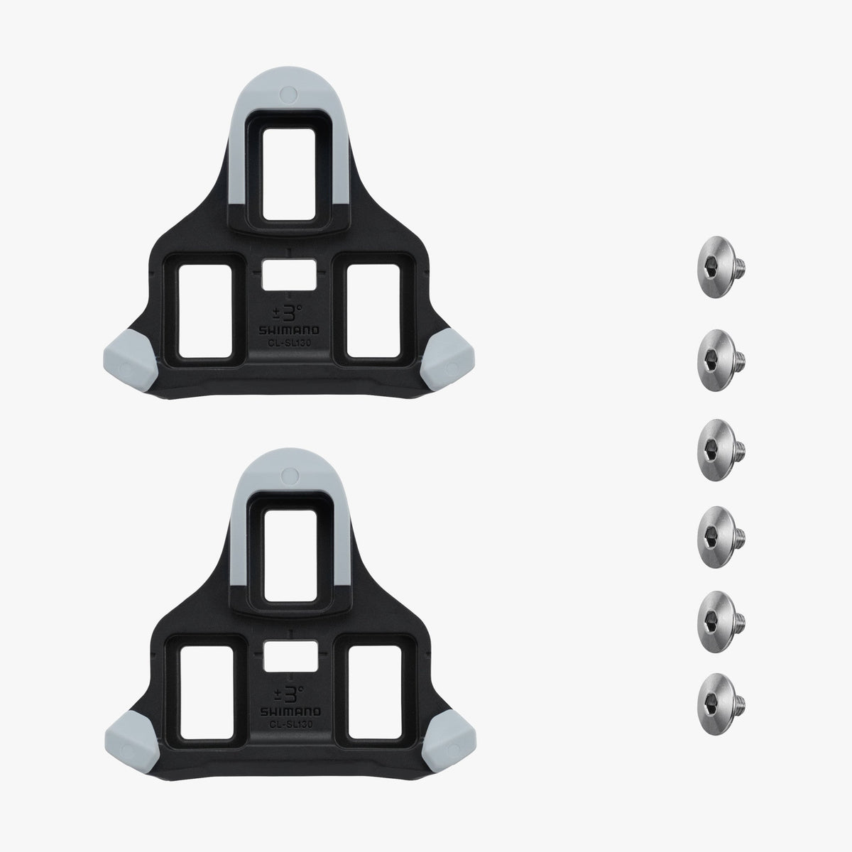 Shimano CL-SL130 SPD-SL cleat set pair with six mounting screws on white background