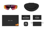 Oakley Meta Vanguard smart sunglasses with black frame and Prizm Transitions Ember lenses, shown with full accessories kit