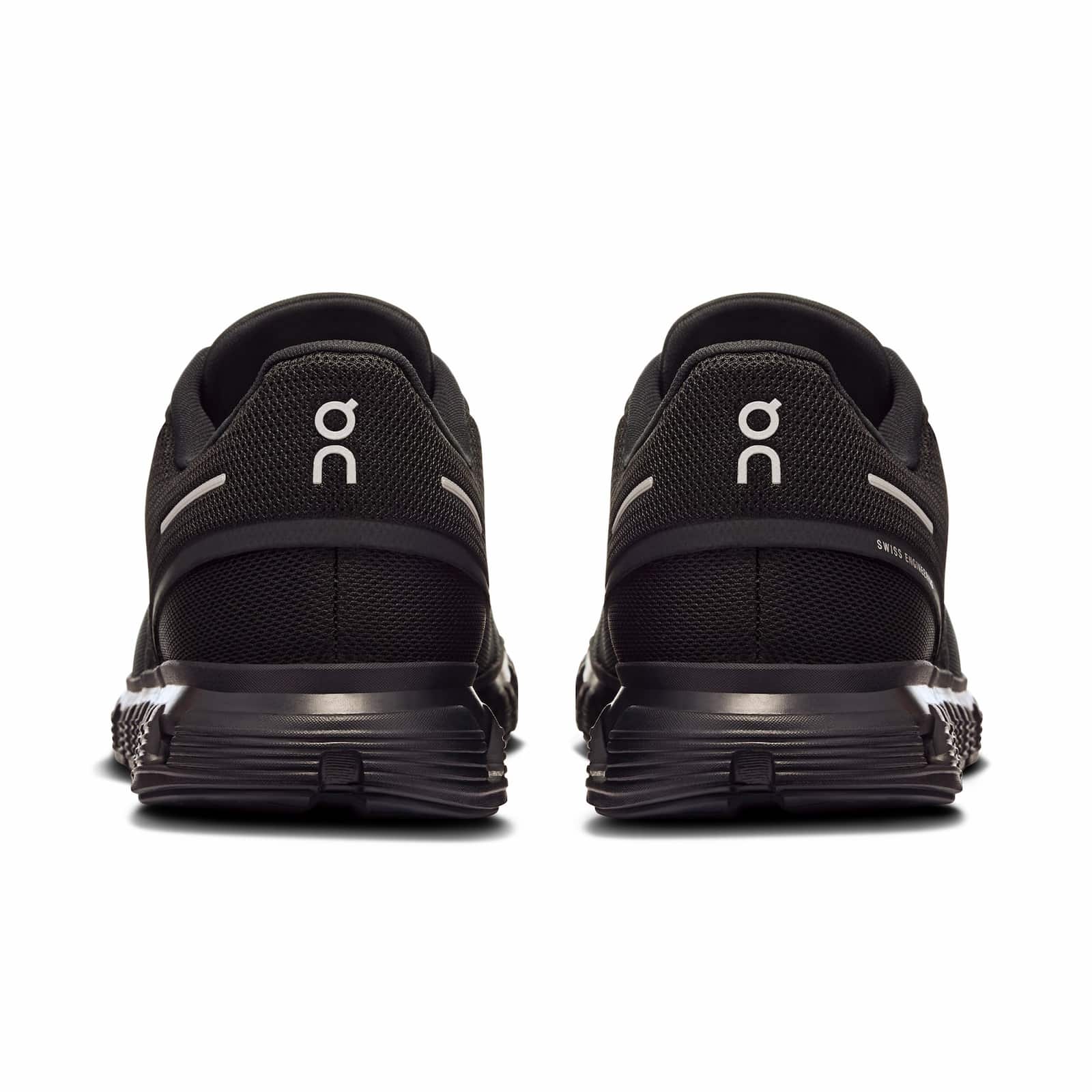 On Cloud 6 running shoes in black with white logo details, rear view