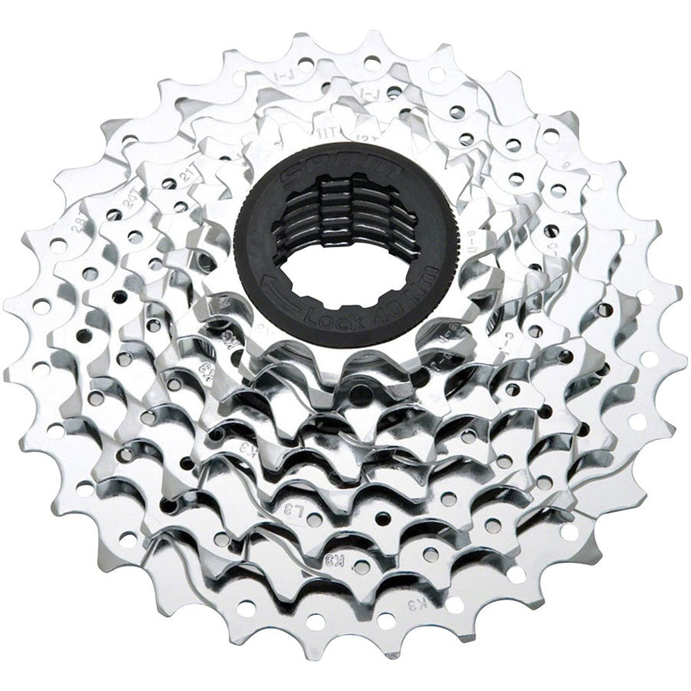 SRAM PG-850 8-speed bicycle cassette in chrome silver with black lockring