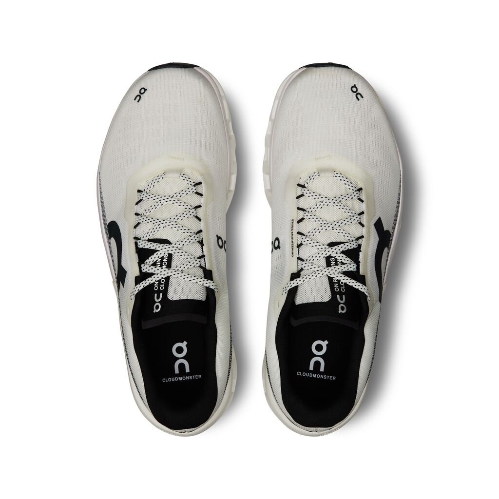 On Cloudmonster 2 running shoes in undyed frost colorway with black details
