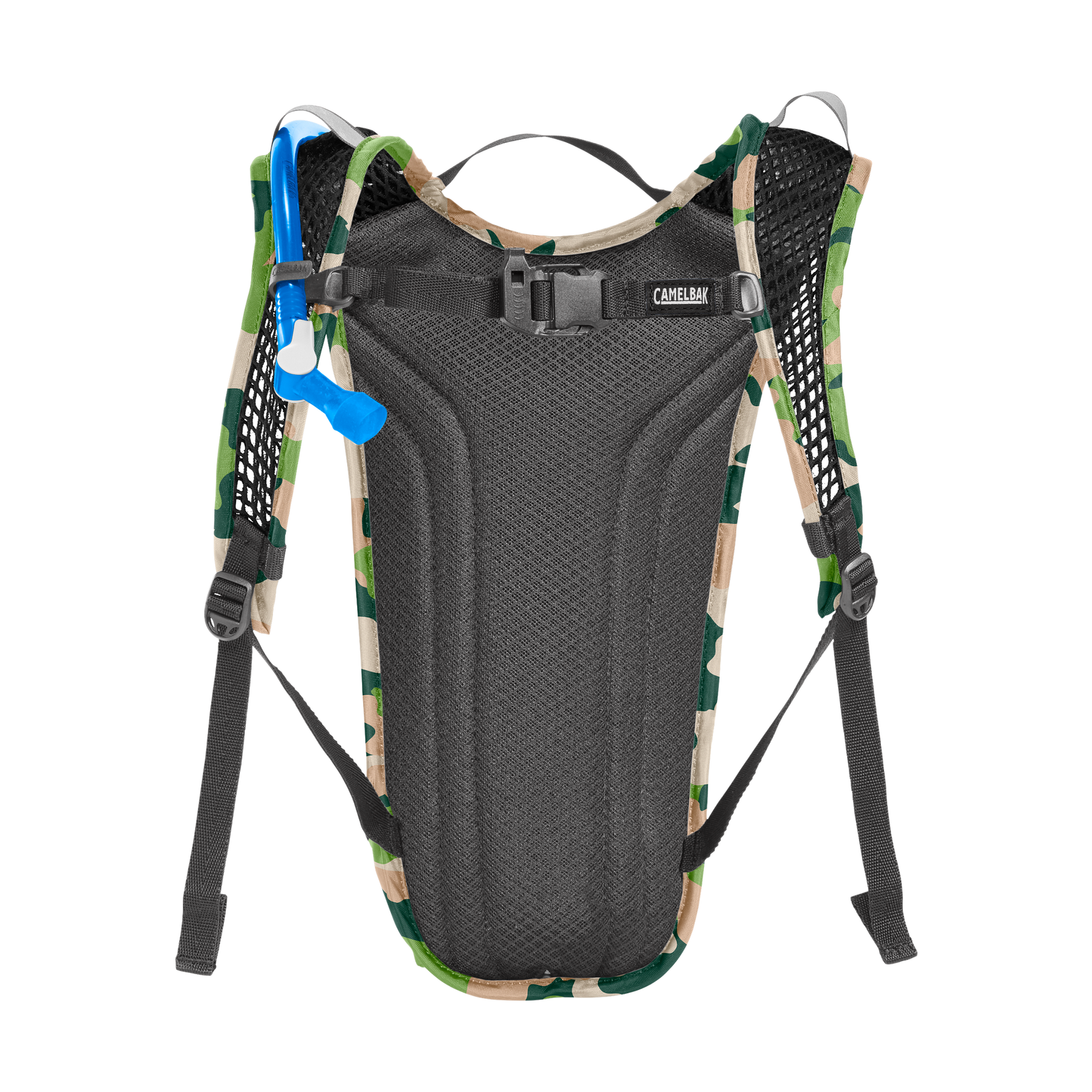 CamelBak Mini M.U.L.E. hydration pack in camouflage pattern with blue hydration tube