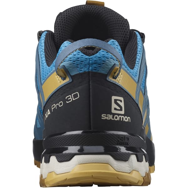 Salomon XA Pro 3D v8 trail running shoe in reef blue and bronze colorway rear view
