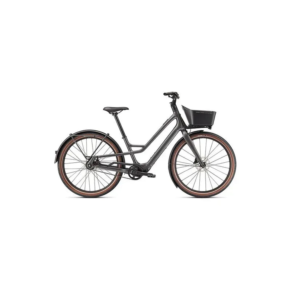 Specialized Turbo Como SL electric bike in brushed silver with front basket