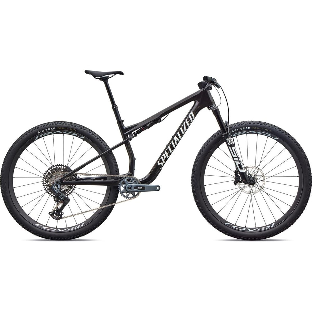 Specialized Epic mountain bike in gloss carbon with white graphics on clean background