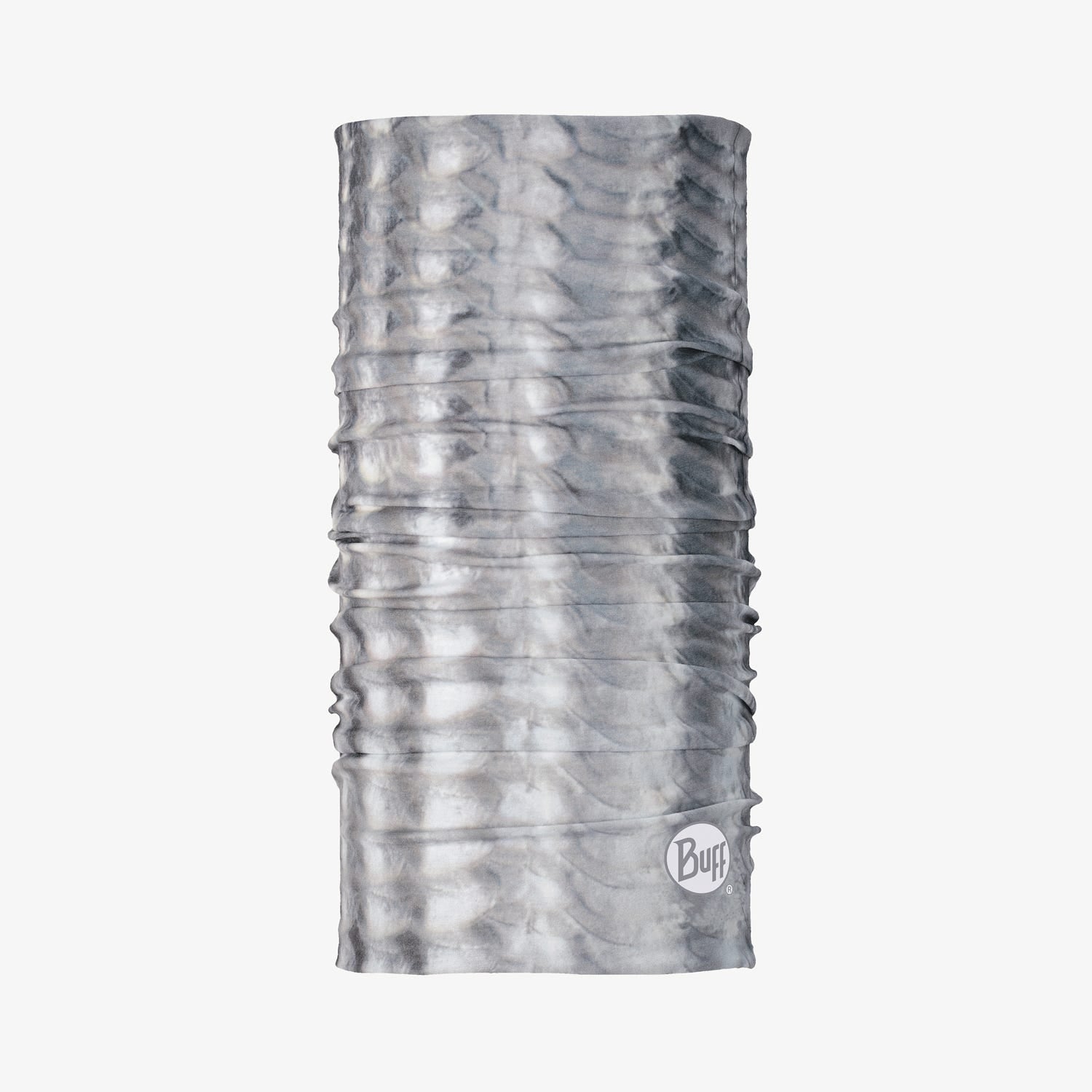 Buff Cool Net UV+ neck gaiter in grey tie-dye pattern on white background
