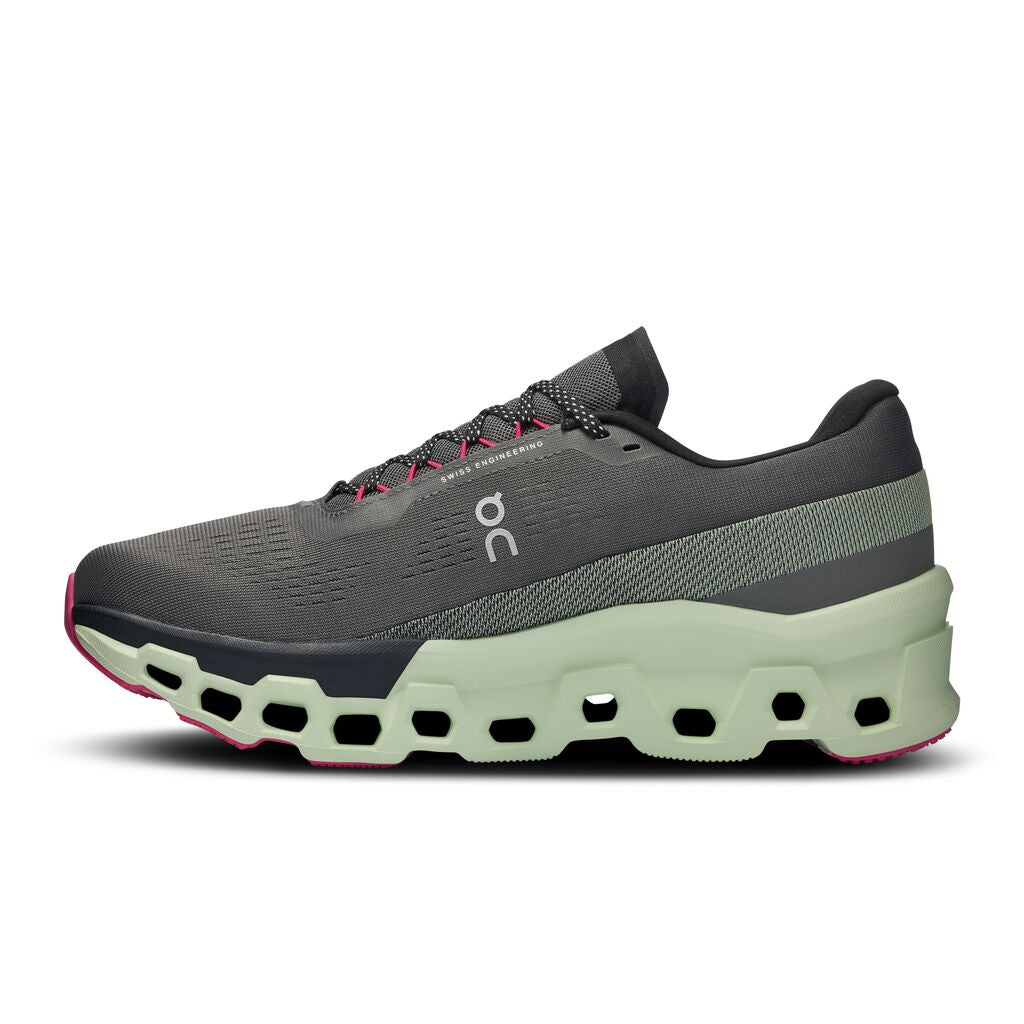 On Cloudmonster 2 men's running shoe in asphalt gray with lime green sole