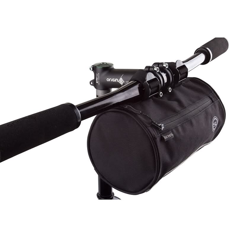 Sunlite black handlebar bag mounted on bicycle stem and handlebars with zipper pocket