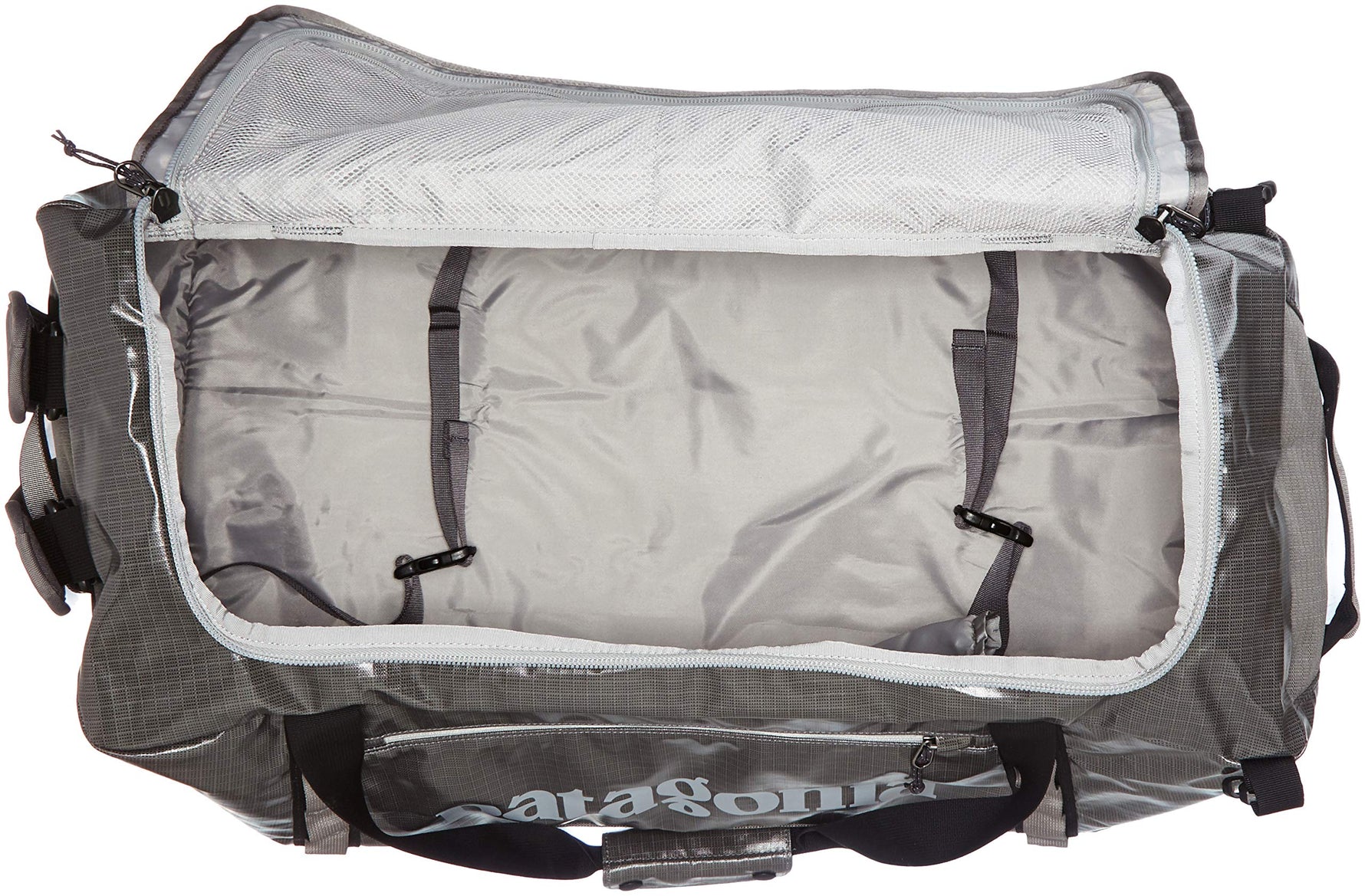 Patagonia Black Hole Duffel Bag in Hex Grey showing open main compartment with mesh pocket
