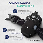 Fitletic black water bottle holster on belt with feature callouts for comfort and convenience