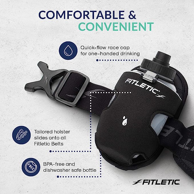Fitletic black water bottle holster on belt with feature callouts for comfort and convenience