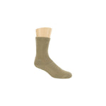 Thorlos khaki crew hiking sock displayed on foot form against white background