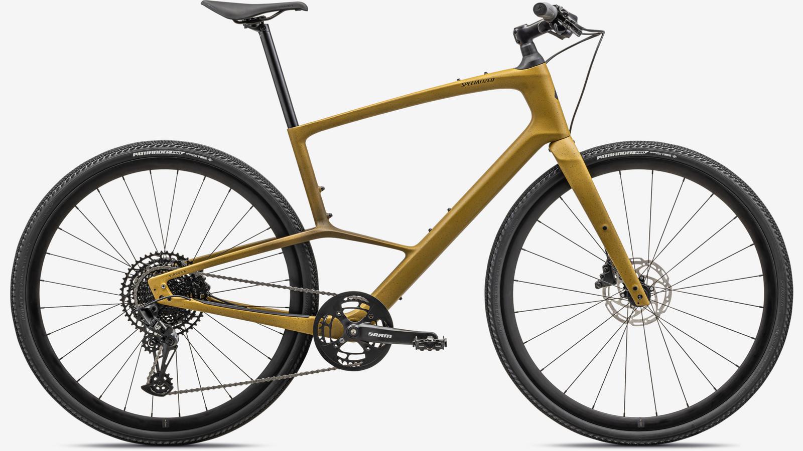 Specialized Sirrus X 5.0 hybrid bike in harvest gold color with black components
