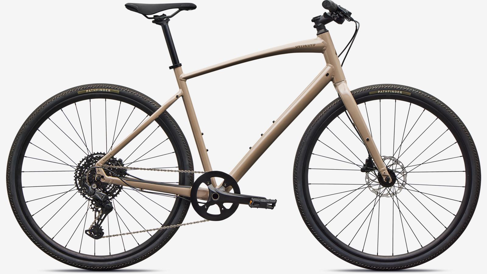 Specialized Sirrus X 3.0 hybrid bike in sandstone metallic finish with disc brakes