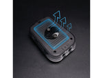 Ravemen FR1100 bike front light showing solar panel and mounting mechanism with blue arrows
