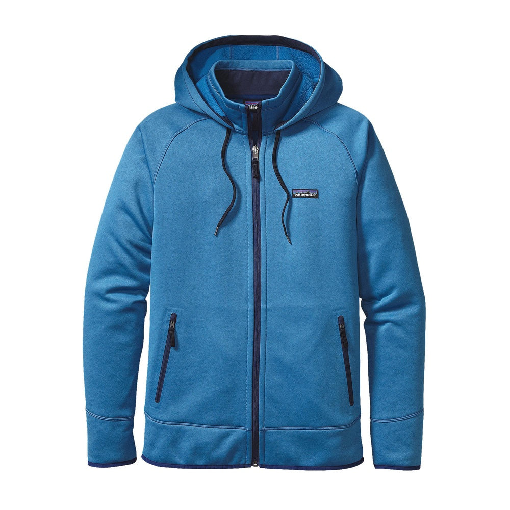 Patagonia men's blue tech fleece hoodie with full zip and side pockets