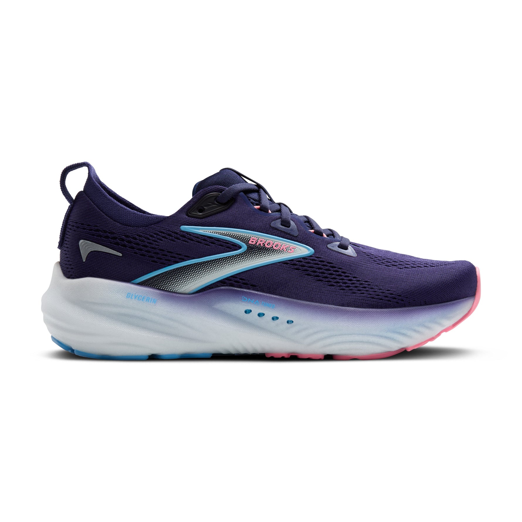 Brooks Glycerin 22 women's running shoe in Blue Ribbon/Peacoat/Dianthus colorway with navy upper