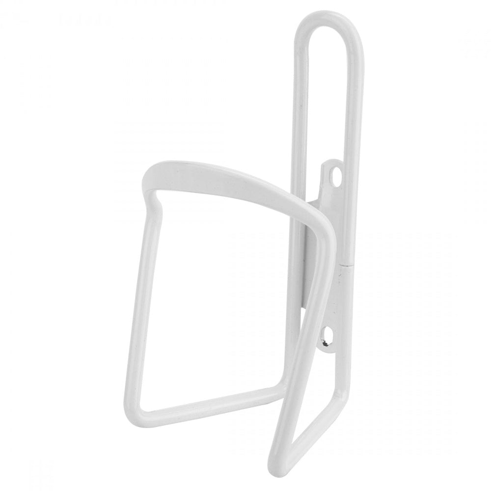 Sunlite white aluminum bicycle water bottle cage with mounting hardware, studio photo