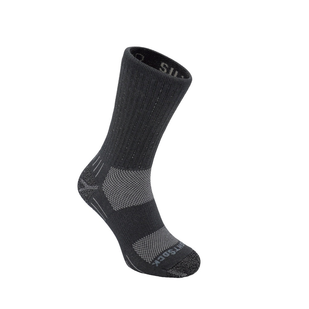 Black Wrightsock Silver Escape crew length anti-blister sock with gray accent zones