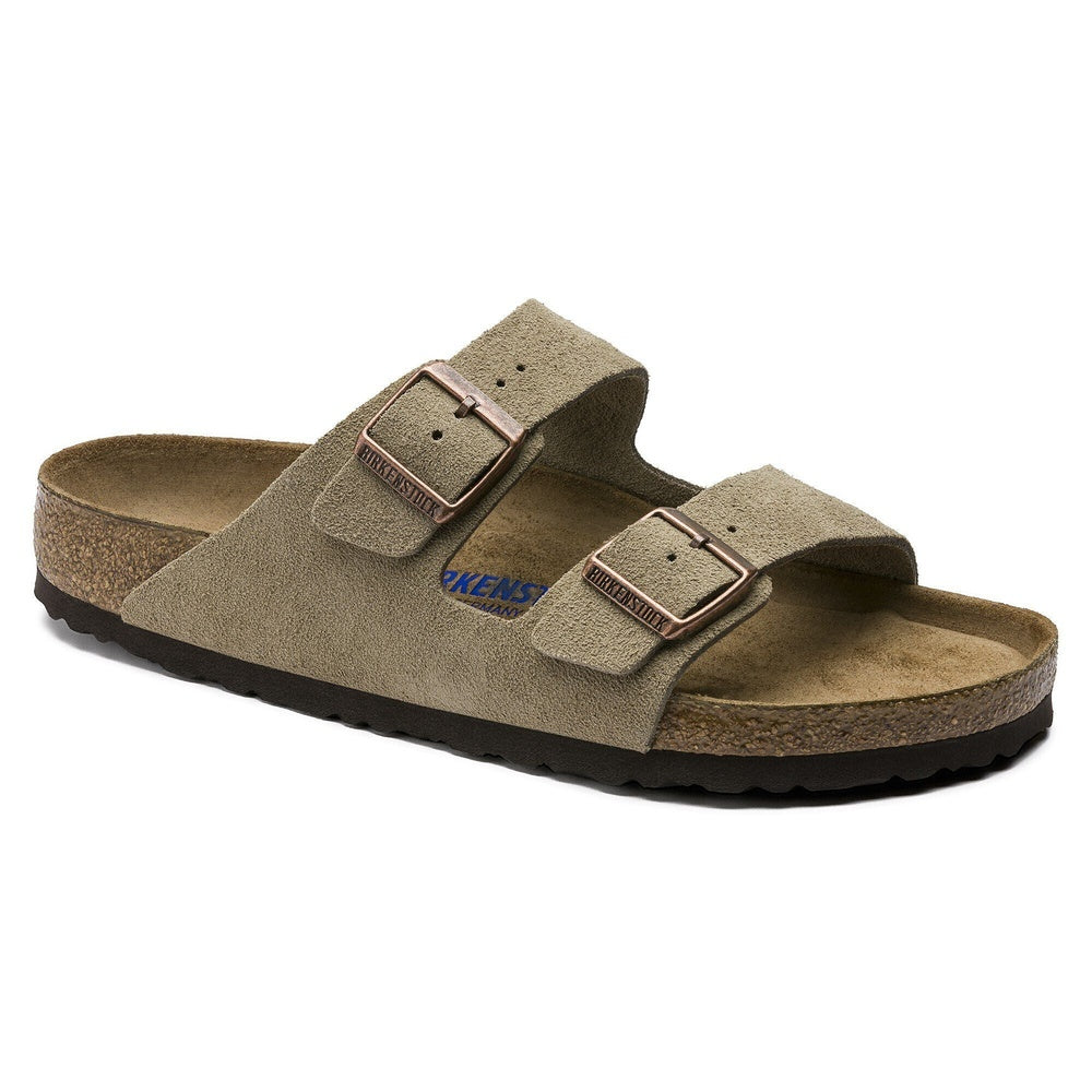 Birkenstock Arizona sandal in taupe suede with dual buckle straps
