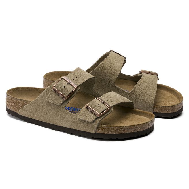 Birkenstock Arizona sandals in taupe suede with two adjustable straps