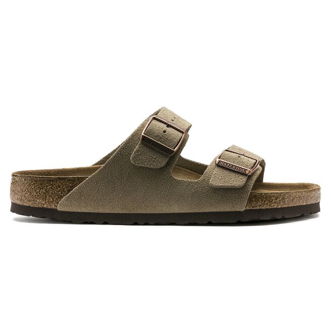 Birkenstock Arizona sandals in taupe suede with dual adjustable buckle straps