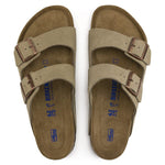 Birkenstock Arizona sandals in taupe suede with dual buckle straps