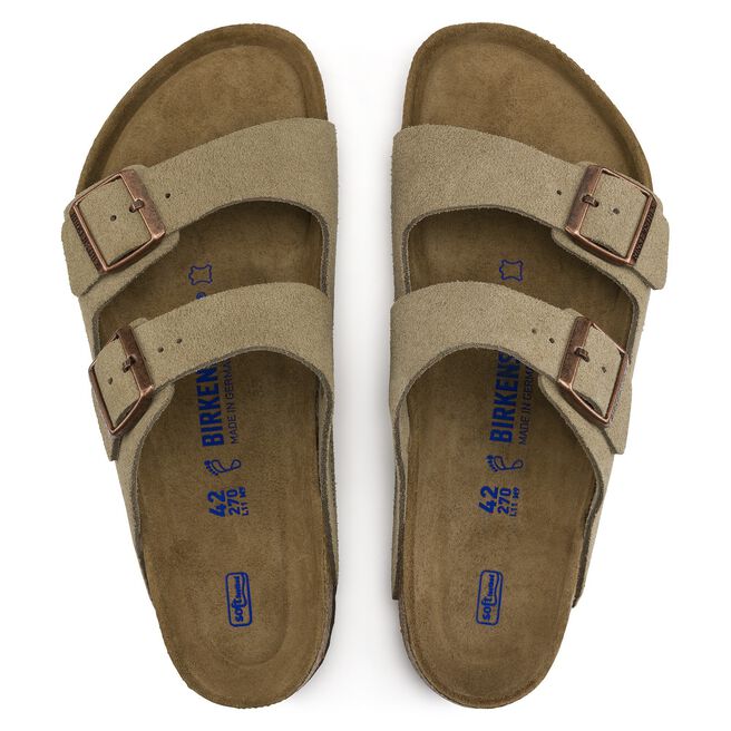 Birkenstock Arizona sandals in taupe suede with dual buckle straps