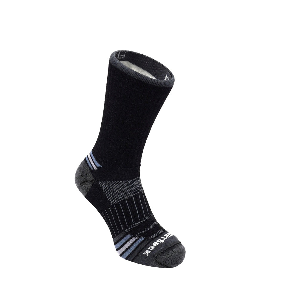 Wrightsock black crew length anti-blister sock with gray toe and blue accent stripes