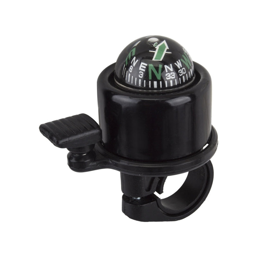 Black bicycle bell with integrated compass showing directional markings